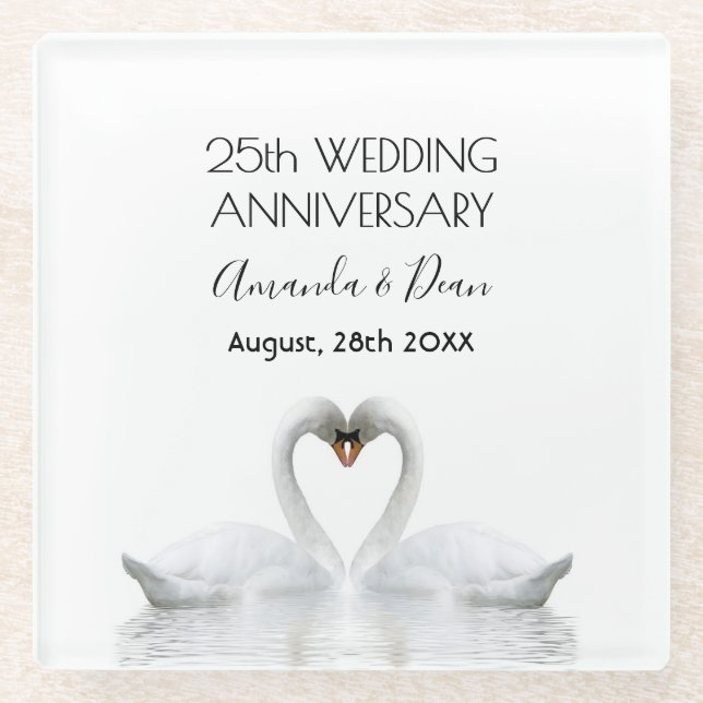 25th silver anniversary white swans love silver glass coaster (Front)