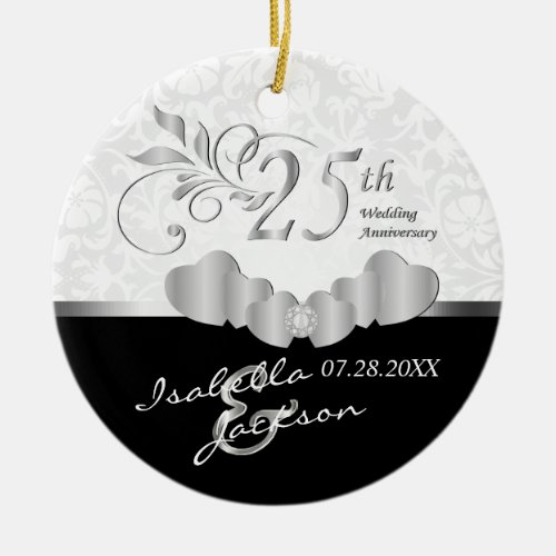 25th Silver Black and White Wedding Anniversary Ceramic Ornament