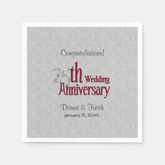 25th Silver - Burgundy Anniversary 2 - Customize Paper Napkins (Front)