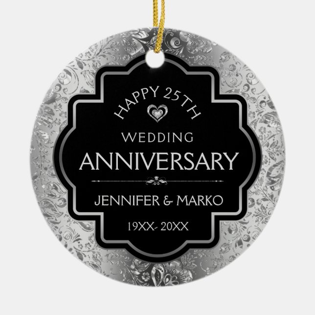 25th Silver Damasks Wedding Anniversary Ceramic Ornament (Front)
