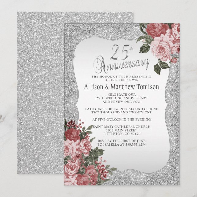 25th Silver Glitter Anniversary | Blush Floral Invitation (Front/Back)