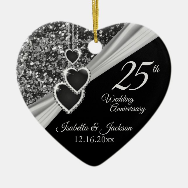 25th Silver Glitter Anniversary Ceramic Ornament (Front)