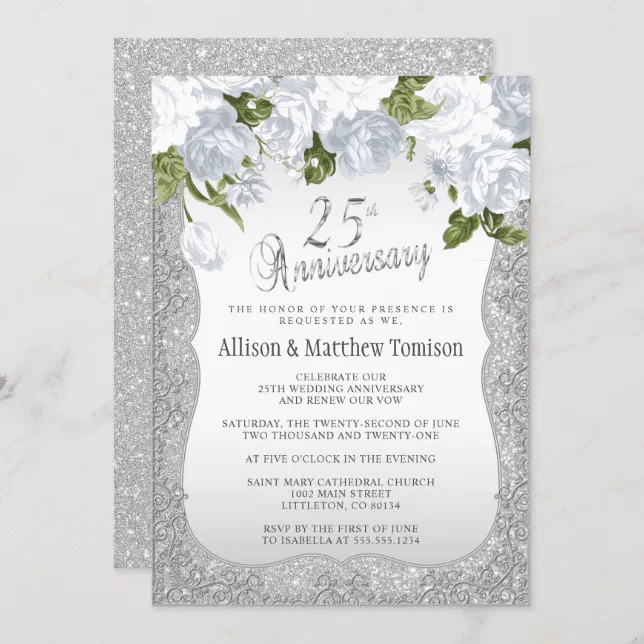 25th Silver Glitter Anniversary | DIY Text Invitation | Zazzle