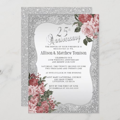 25th Silver Glitter Anniversary  Floral Bouquet Invitation