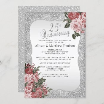 25th Silver Glitter Anniversary | Floral Bouquet Invitation by DesignsbyDonnaSiggy at Zazzle