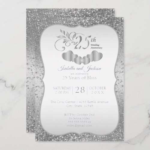 25th Silver Glitter Anniversary  Foil Invitation