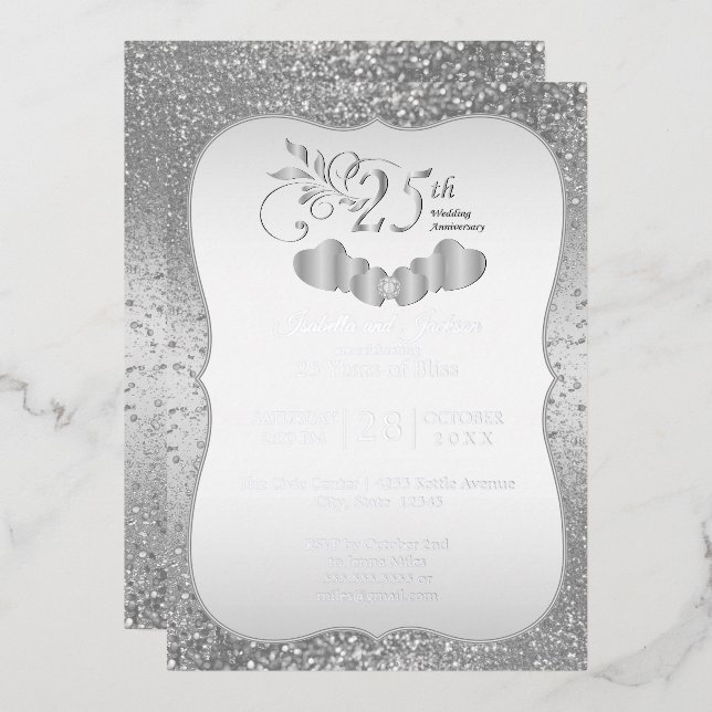 25th Silver Glitter Anniversary  Foil Invitation (Front/Back)