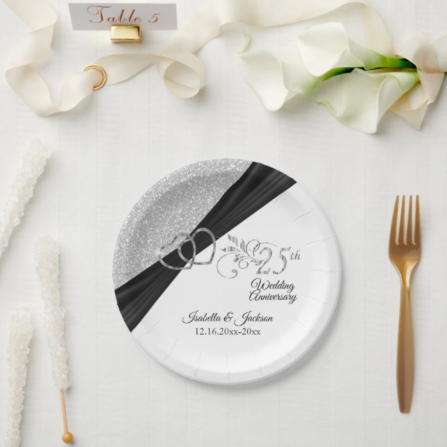 25th Silver Glitter Anniversary Paper Plates (Wedding)