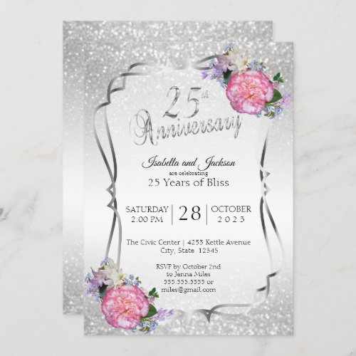 25th Silver Glitter  Floral Anniversary Invitation
