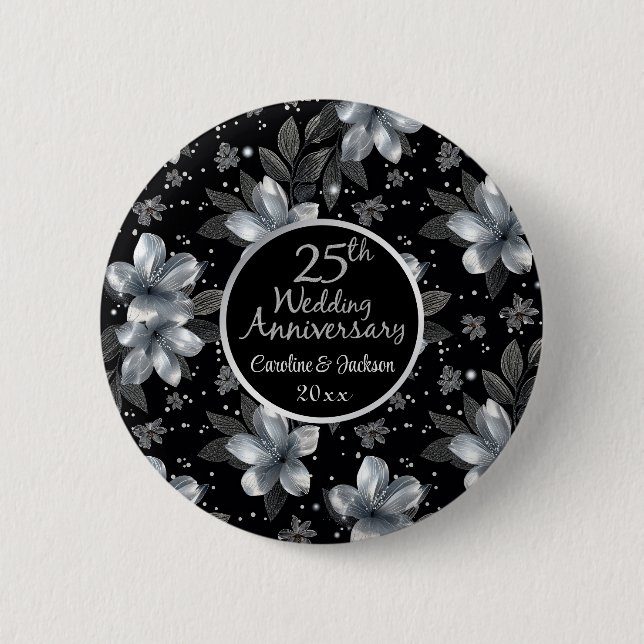 25th Silver Glitter Floral Wedding Anniversary  Button (Front)