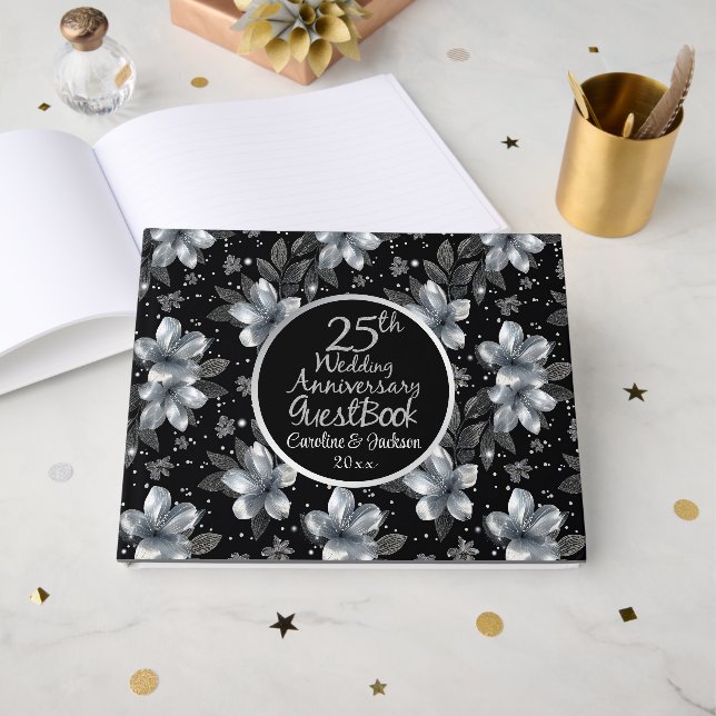 25th Silver Glitter Floral Wedding Anniversary  Guest Book (Front Open)