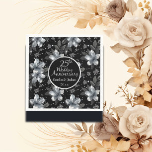25th Silver Glitter Floral Wedding Anniversary  Napkins