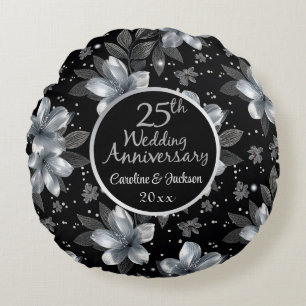25th Silver Glitter Floral Wedding Anniversary  Round Pillow