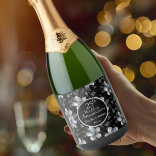 25th Silver Glitter Floral Wedding Anniversary Sparkling Wine Label