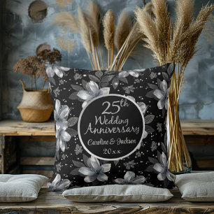 25th Silver Glitter Floral Wedding Anniversary Throw Pillow