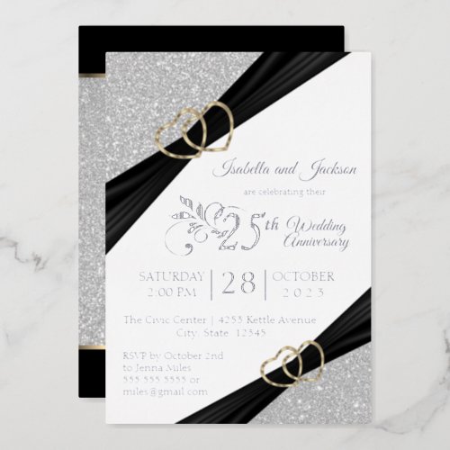 25th Silver Glitter  Gold Heart Anniversary Foil Invitation