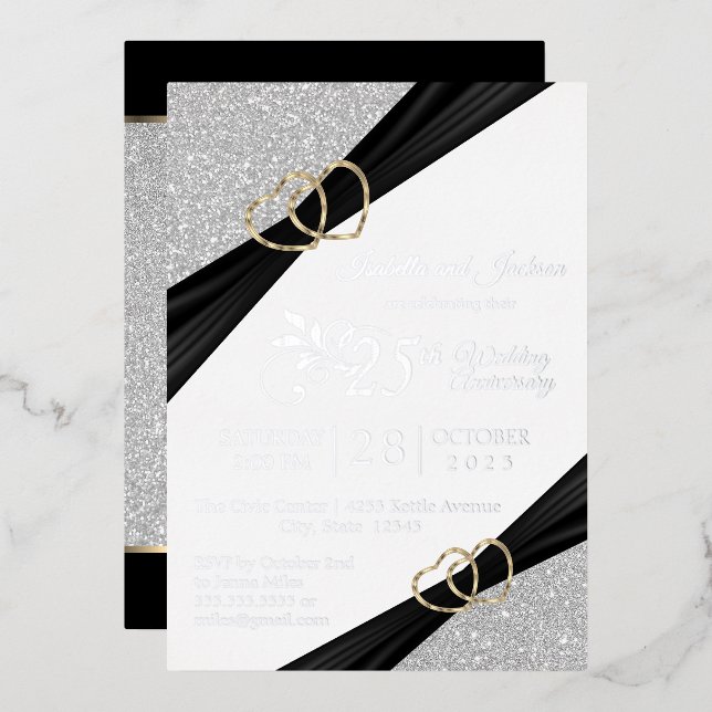 25th Silver Glitter & Gold Heart Anniversary Foil Invitation (Front/Back)