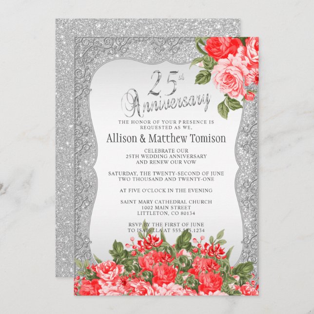 25th Silver Glitter Wedding Anniversary | DIY Text Invitation (Front/Back)