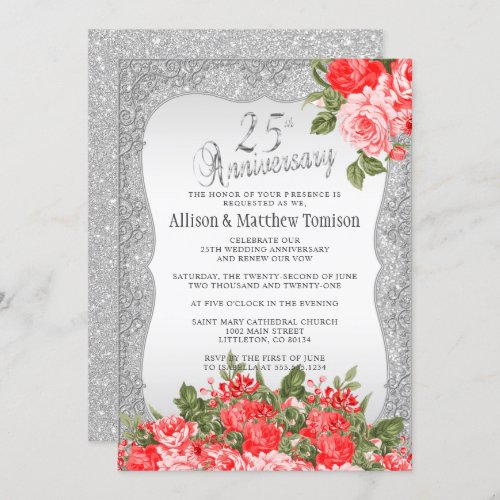 25th Silver Glitter Wedding Anniversary  DIY Text Invitation