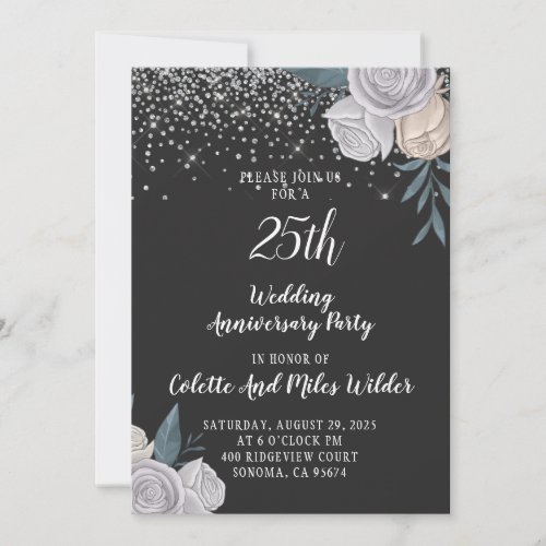 25th Silver Glitter Wedding Anniversary Invitation