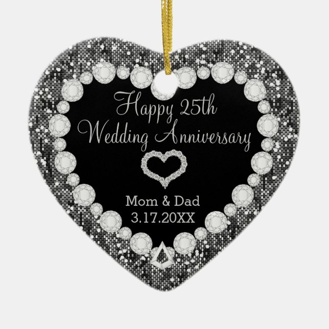 25th Silver Glitter Wedding Anniversary Keepsake Ceramic Ornament (Front)