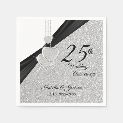 25th Silver Glitter Wedding Anniversary Napkins