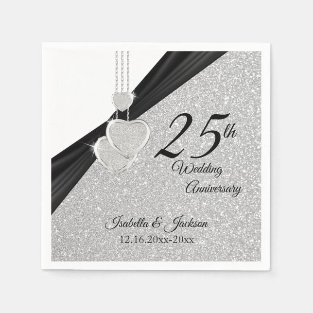 25th Silver Glitter Wedding Anniversary Napkins (Front)