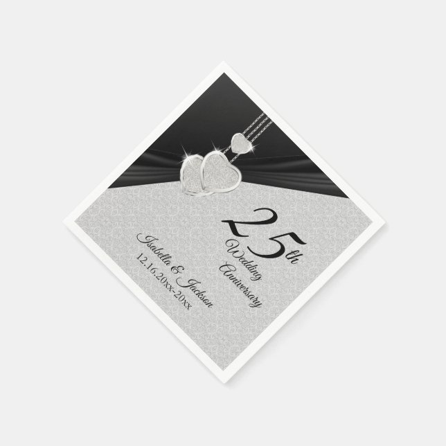 25th Silver Gray & Black Wedding Anniversary Napkins (Corner)