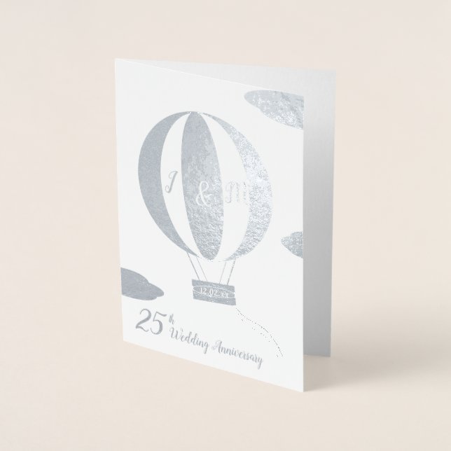 25th silver hot air balloon wedding anniversary foil card (Front)