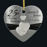 25th Silver Photo Wedding Anniversary with Photo Ceramic Ornament<br><div class="desc">⭐⭐⭐⭐⭐ 5 Star Review. 🥇AN ORIGINAL COPYRIGHT ART DESIGN by Donna Siegrist ONLY AVAILABLE ON ZAZZLE! 25th Silver Wedding in an elegant silver and diamond heart shape design with diy text. A beautiful keepsake for the happily married couple celebrating any anniversary. Add your photo. 📌 If you need further customization,...</div>