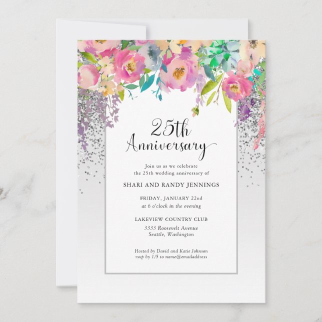 25th Silver Pink Floral Wedding Anniversary Invitation (Front)