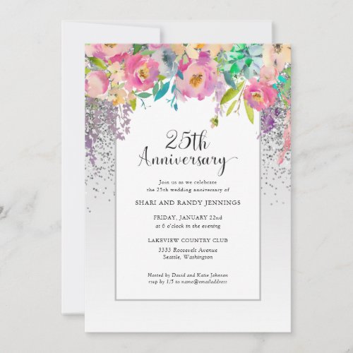 25th Silver Pink Floral Wedding Anniversary Invitation