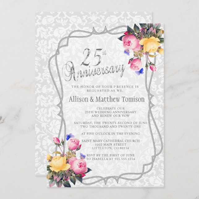 25th Silver Spring Wedding Anniversary | DIY Text Invitation (Front/Back)