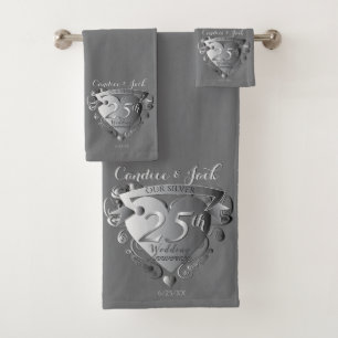 25th Silver Wedding Anniversary 3D Heart Emblem Bath Towel Set