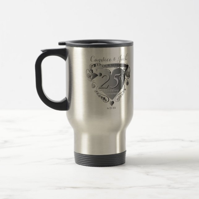 25th Silver Wedding Anniversary 3D Heart Emblem Tr Travel Mug (Left)