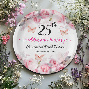 25th Silver Wedding Anniversary Blush Roses Paper Plates