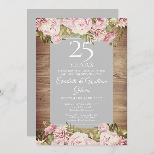 25th Silver Wedding Anniversary Boho Rustic Roses Invitation (Front/Back)