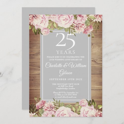 25th Silver Wedding Anniversary Boho Rustic Roses Invitation