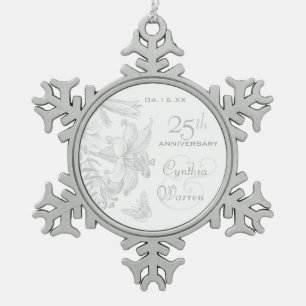 25th Silver Wedding Anniversary Custom Keepsake Snowflake Pewter Christmas Ornament