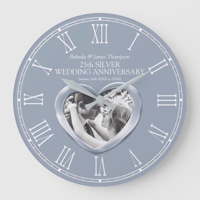 25th silver wedding anniversary custom photo heart large clock (Front)