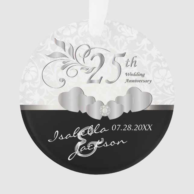 25th Silver Wedding Anniversary | Damask Pattern Ornament (Front)
