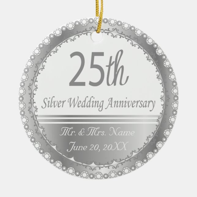 25th Silver Wedding Anniversary Design Ceramic Ornament (Front)
