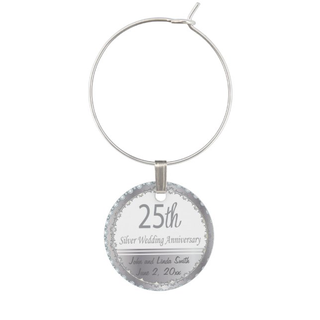 25th Silver Wedding Anniversary | DIY Name & Date Wine Glass Charm (Front)