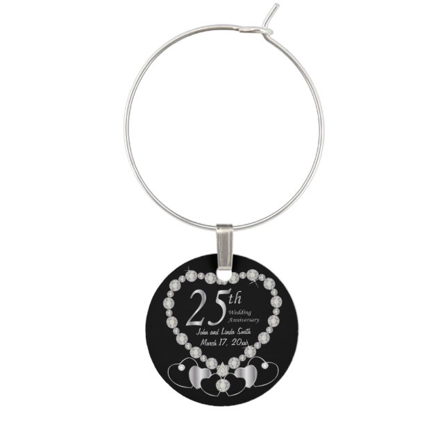 25th Silver Wedding Anniversary | DIY Name & Date Wine Glass Charm (Front)