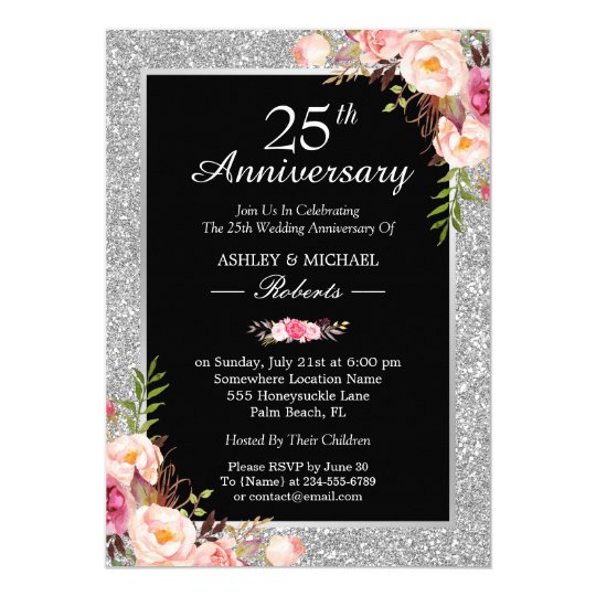 25th Silver Wedding  Anniversary  Elegant Floral Invitation  
