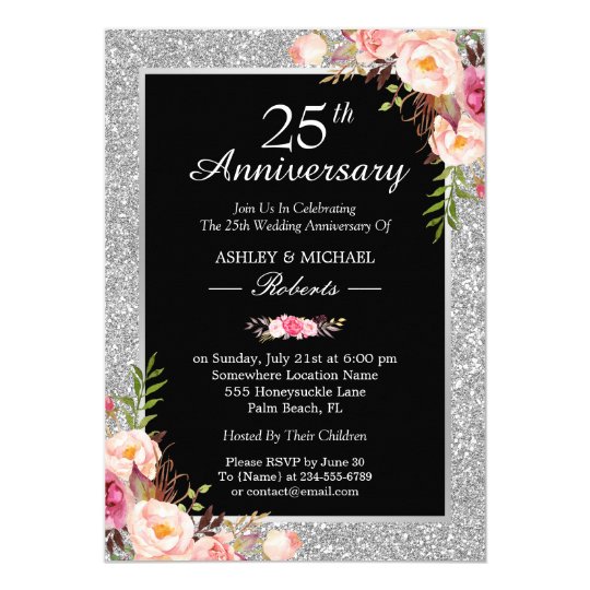 25th Silver  Wedding  Anniversary  Elegant Floral Invitation  