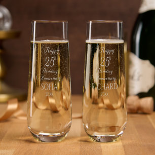 25th Silver Wedding Anniversary Elegant Script Stemless Champagne Flute