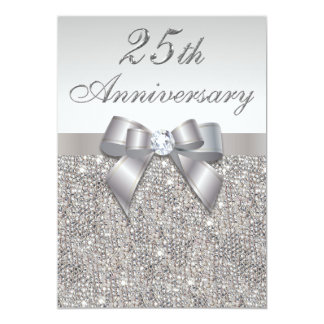 25th Silver Wedding Anniversary Faux Sequins & Bow Card