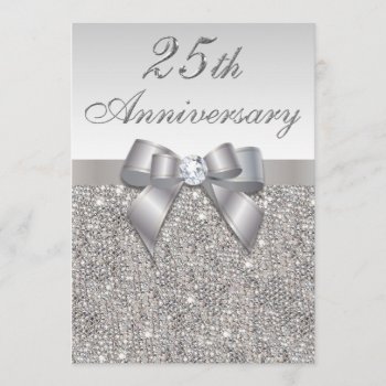 25th Silver Wedding Anniversary Faux Sequins & Bow Invitation by GroovyGraphics at Zazzle