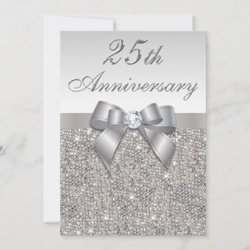 25th Silver Wedding Anniversary Faux Sequins  Bow Invitation